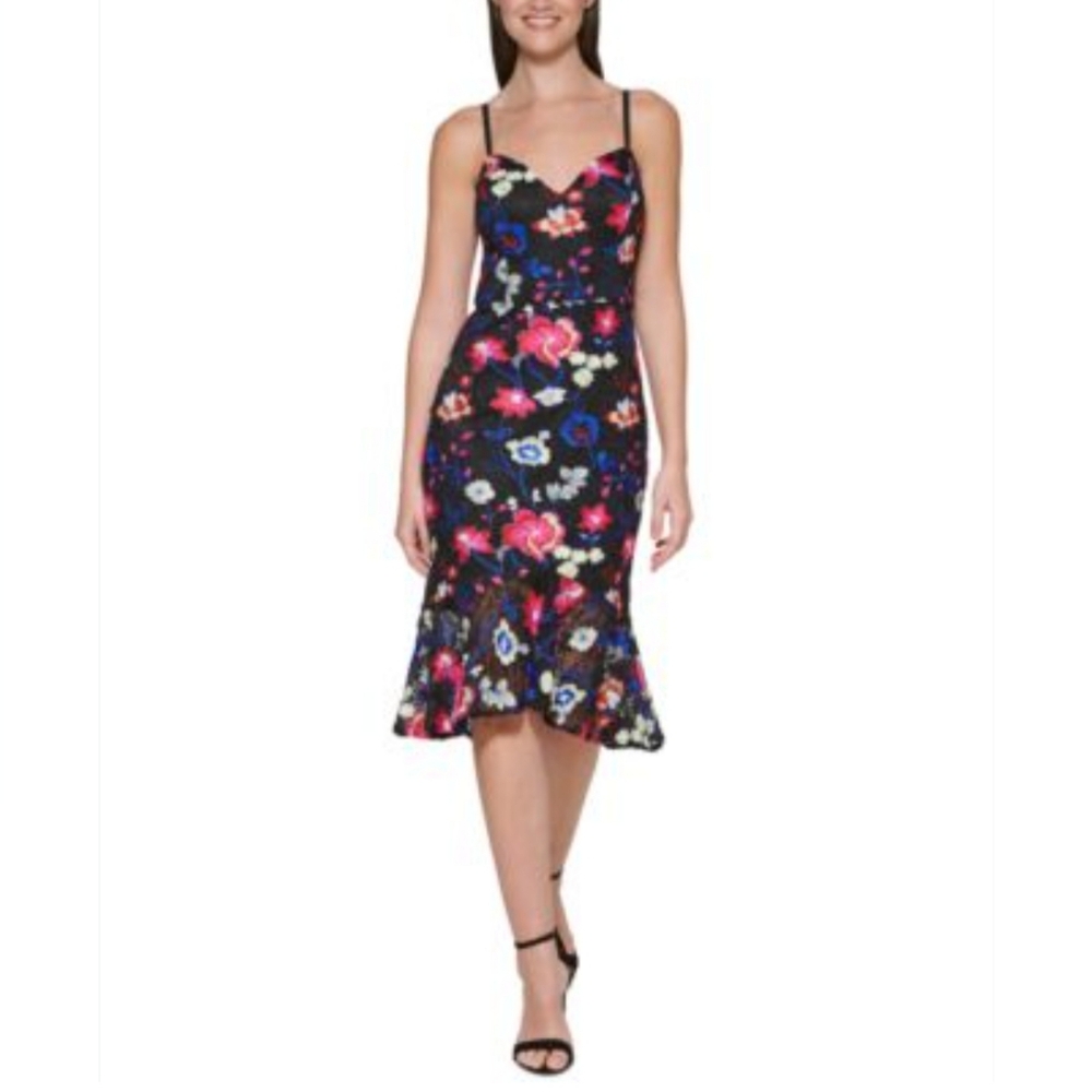 GUESS Embroidered Floral Midi Dress - Black and Pink